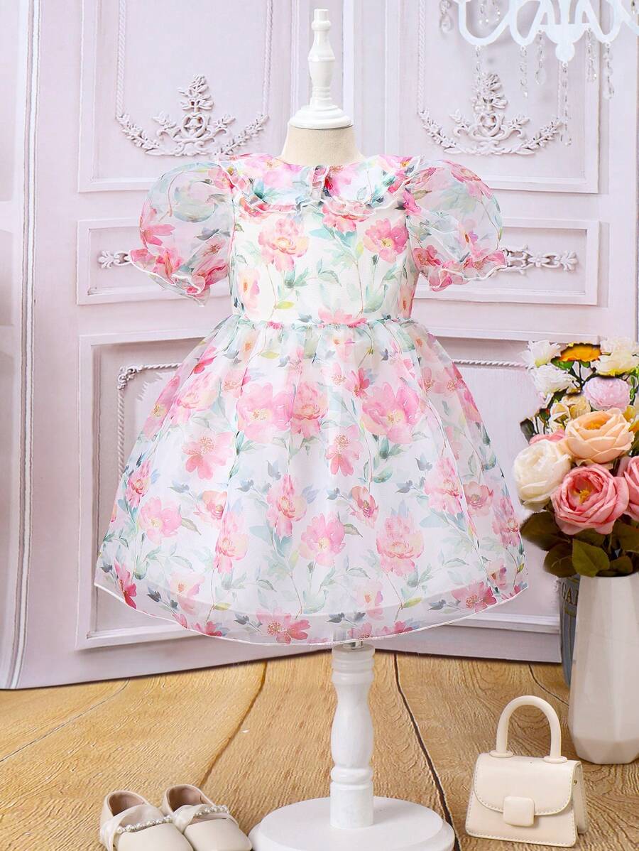 SHEIN Young Girl's Floral Sheer Mesh Puff Sleeve Dress - Multicolor - View 1