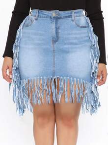 Denim Fringe Hem Váy - Rửa nhẹ - Xem 3