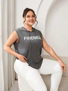 SHEIN Sports Plus Size Sleeveless Hooded Letter Print Drawstring Sports Sweatshirt - Grey - View 1