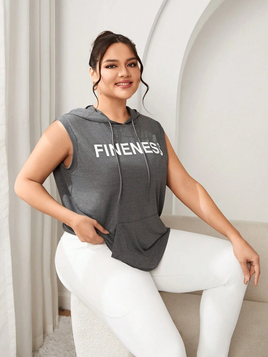 SHEIN Sports Plus Size Sleeveless Hooded Letter Print Drawstring Sports Sweatshirt - Grey - View 1