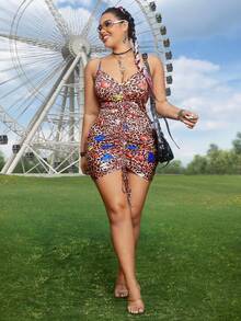 Flirla Plus Size Women's Leopard & Butterfly Printed Pleated Cami Dress - Multicolor - View 5