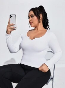 Easithlete Plus Size Solid Color V-Neck High Elastane Sport T-Shirt - White - View 7