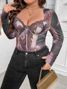 SHEIN Clasi Plus Size Angel Printed Sweetheart Neckline Bodysuit With Lace Trimming - Coffee Brown - View 3