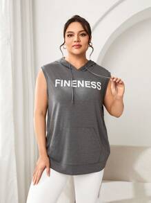 SHEIN Sports Plus Size Sleeveless Hooded Letter Print Drawstring Sports Sweatshirt - Grey - View 7