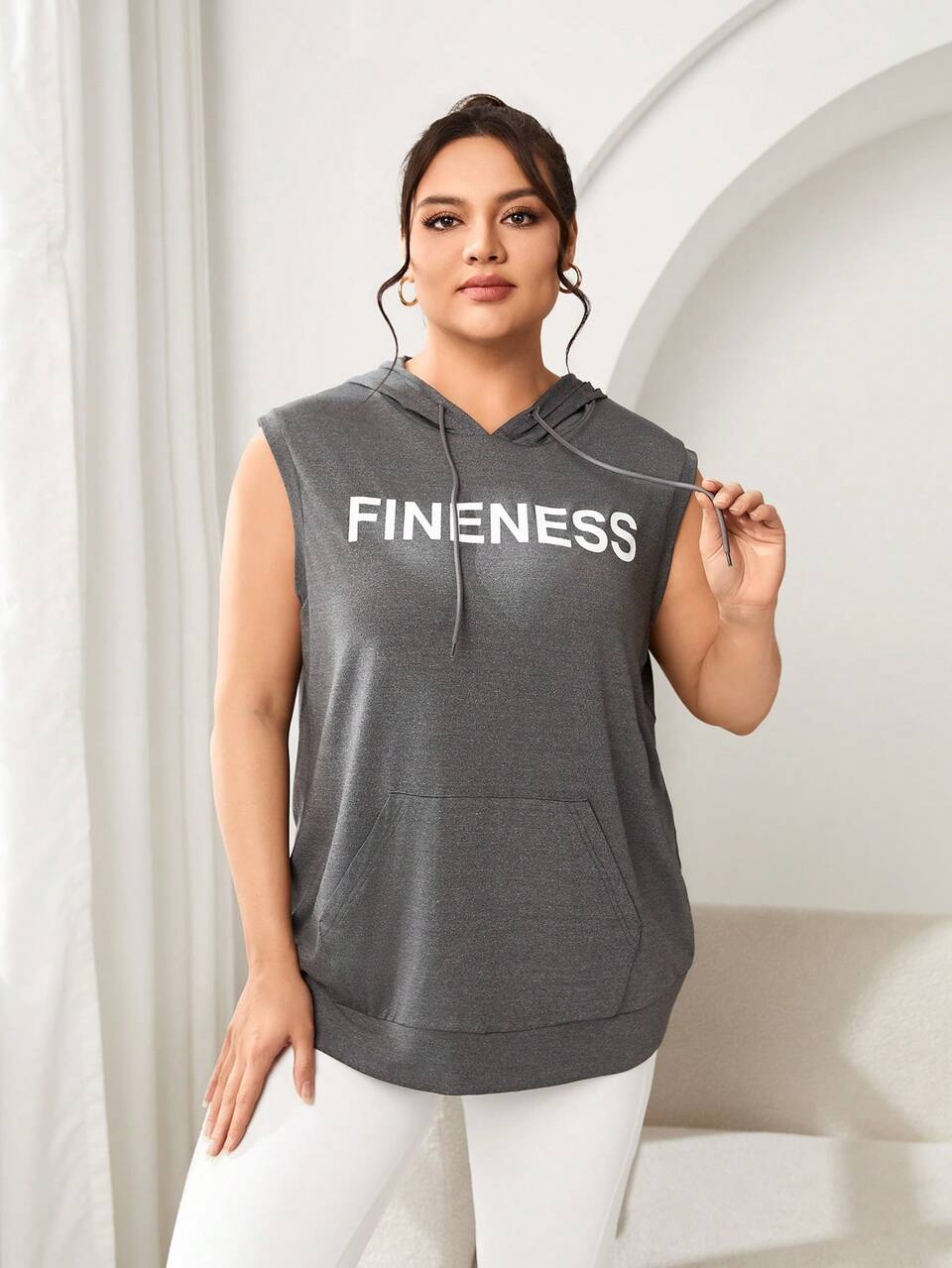 Plus Size Sleeveless Hooded Letter Print Drawstring Sports Sweatshirt