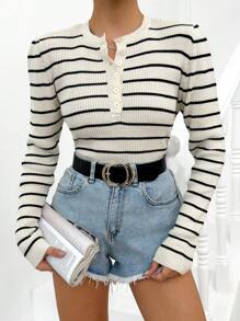 EURMUSE Striped Pattern Half Button Ribbed Knit Sweater - White - View 1
