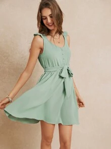 SHEIN Frenchy Vestido Para Las Vacaciones De Verano Con Lazos De Moño En La Cintura, Mangas Con Volantes Y Encaje Exquisito