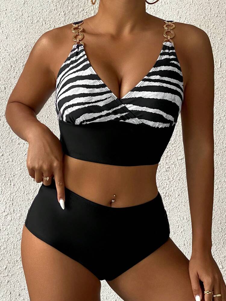 Women's Zebra Pattern Printed Splice Spaghetti Straps Solid Color Triangle Brief Swimwear Set, Beach Outfit Tankini Set Bathing Suit Music Festival Summer
