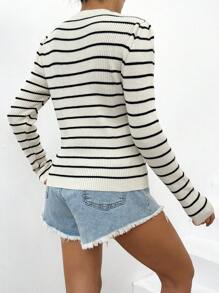 EURMUSE Striped Pattern Half Button Ribbed Knit Sweater - White - View 4