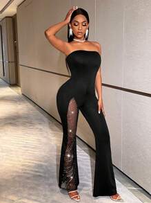 BamGleam Women's Rhinestone Mesh Splice Strapless Jumpsuit - Black - View 3