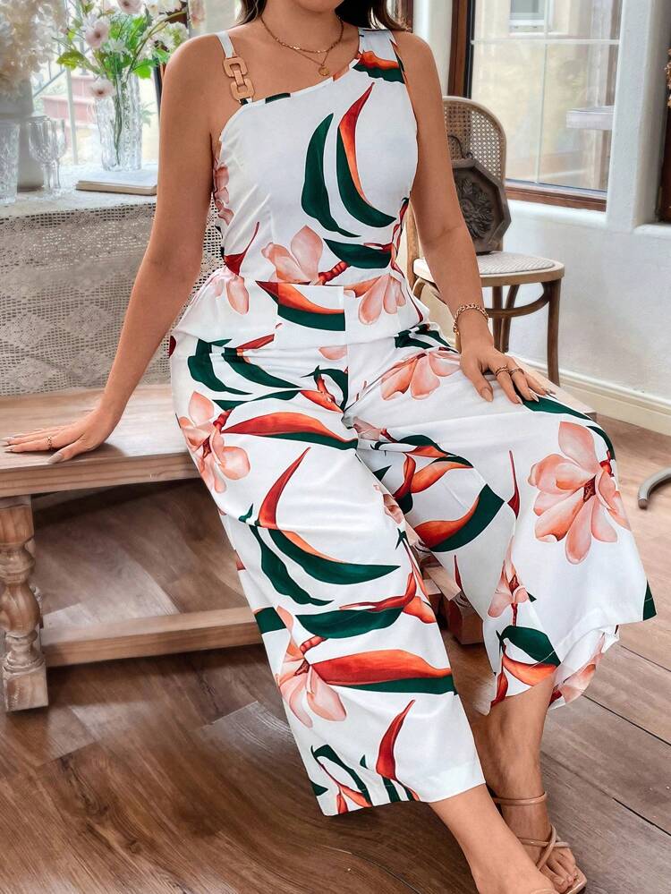 Plus Size Floral Print Oblique Shoulder Sleeveless Backless Jumpsuit