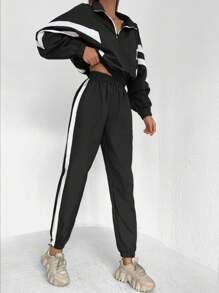 EURMUSE Striped Print Half Crop Sweatshirt & Sweatpants - Grey - View 3