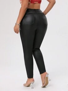Allurite Plus Size Black Coated Skinny Button Fly Stretchy Pants With Ankle Length - Black - View 1