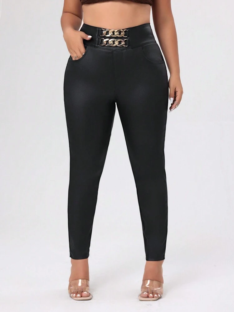 Plus Size Metallic Chain Decorated Black Coated Skinny Pants With Elasticity Fall Cloth For Women