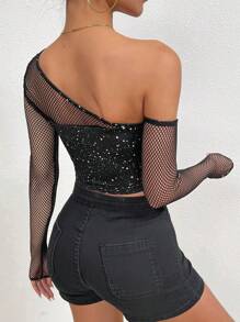 Islaluna 女士性感黑色吊带上衣，配亮片网眼拼接镂空袖子 - 彩色 - 查看 2
