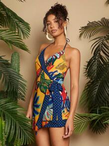 Travachic Mono De Estilo De Vacaciones De Mujer Con Cuello Halter Envuelto Y Atado Con Estampado De Plantas - Multicolor - Ver 6