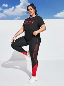 SHEIN Sports Plus Size Contrast Color & Printed Mesh Contrast Sports Suit Workout Women Set - Multicolor - View 6