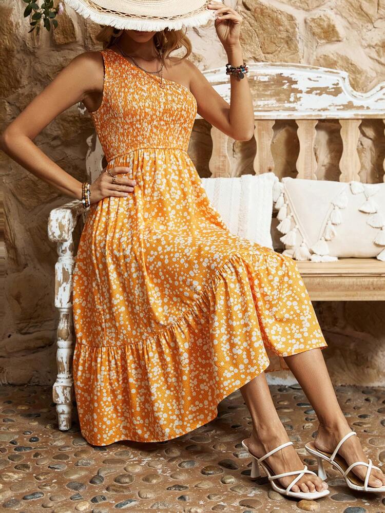 Ditsy Floral Printed Asymmetrical Collar Dress Sundress