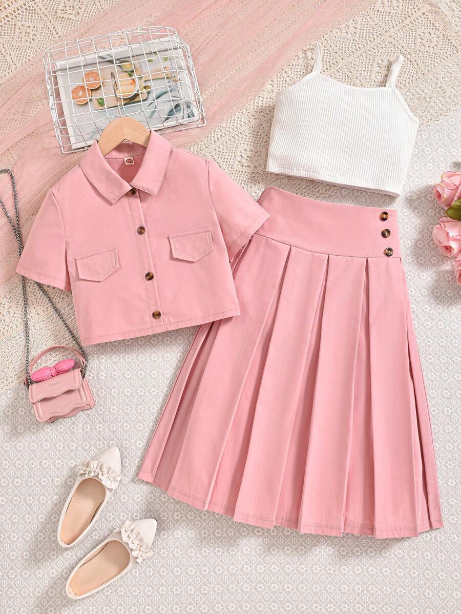 Conjunto de tres piezas para niña preadolescente con camisa de mangas cortas y chaleco y falda plisada de unicolor con botón de un solo pecho - Rosa - Ver 1