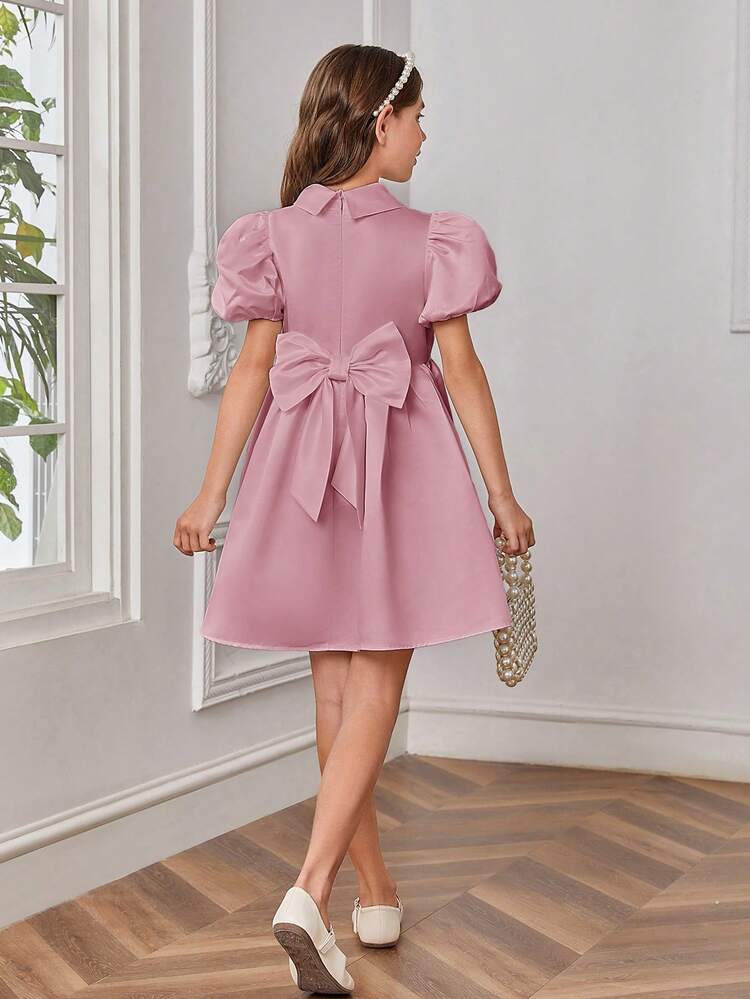 Tween Girl's Woven Solid Color Bubble Sleeve Formal Dress