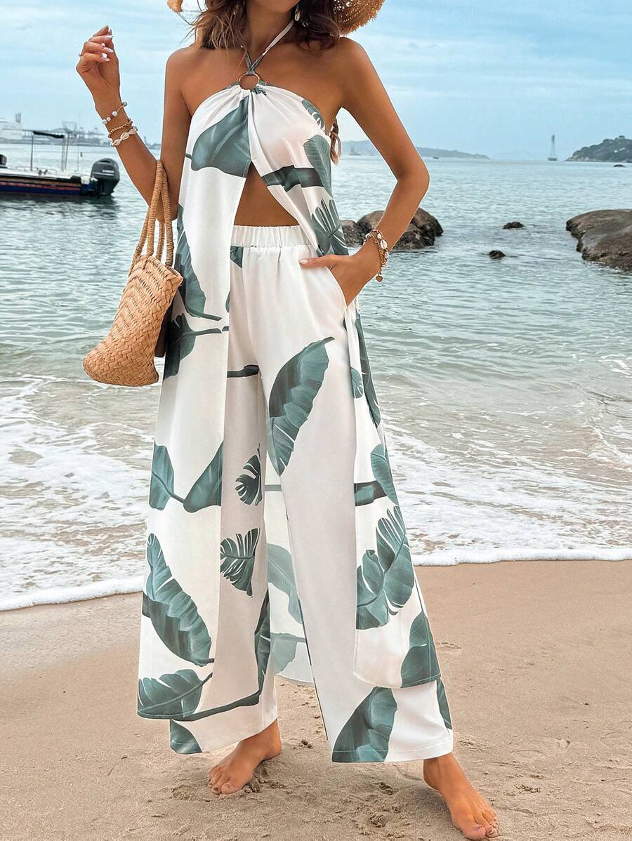 Breezaya Conjunto de dos piezas con top halter de corte alto con estampado de planta tropical y pantalón ancho de cintura elástica para primavera y verano - Multicolor - Ver 1