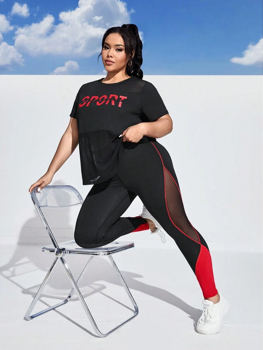 SHEIN Sports Plus Size Contrast Color & Printed Mesh Contrast Sports Suit Workout Women Set - Multicolor - View 1