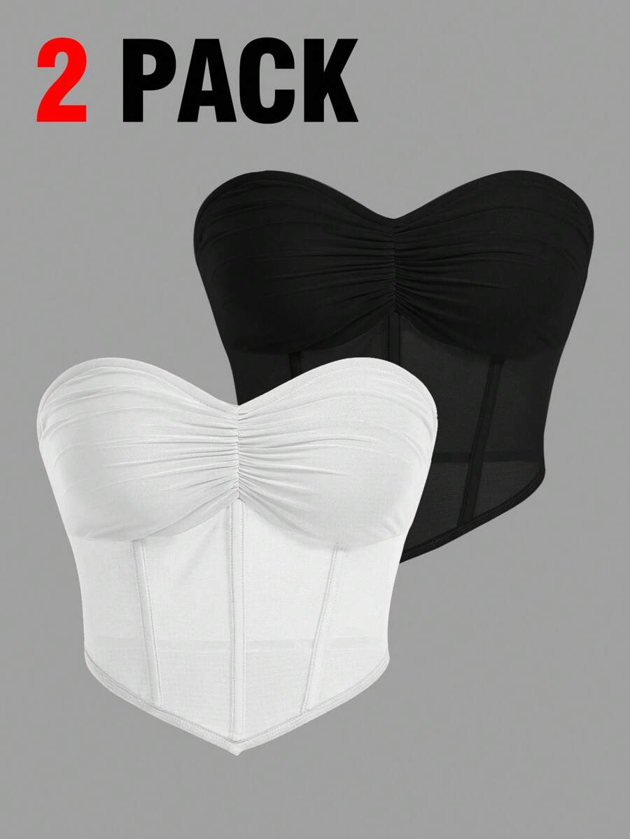 SHEIN ICON 2 Miếng Đen Và Trắng Thon gọn Áo nịt ngực Top Với Ruffle Và Đai nịt bụng Chi tiết Và Chèn lưới - Đen và trắng - Xem 1