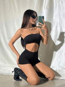 SHEIN Unity Ladies' Solid Color Strapless Hollow Out Romper - Black - View 1