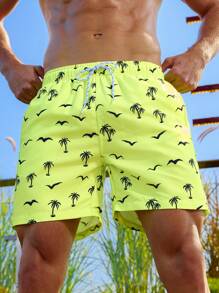 Zalmeno Men's Elastic Waist Coconut Tree Printed Beach Shorts - Green - View 6
