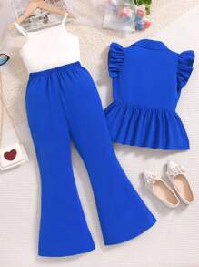 SHEIN 女童藍色西裝三件套：背心、背心和長褲 - 藍色 - 查看 2