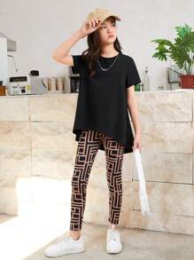 SHEIN Bộ áo thun cổ tròn và quần in hình cô gái Tween thường ngày - màu đen - Xem 4