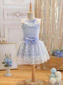 SHEIN Young Girls' Summer New Embroidered Mesh Halter Top And Skirt Simple Set