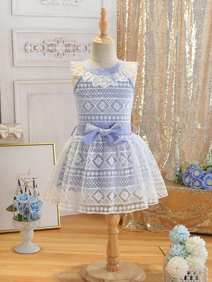 SHEIN Young Girls' Summer New Embroidered Mesh Halter Top And Skirt Simple Set