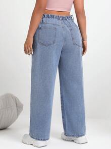 SHEIN EZwear 大碼直腳花卉印花牛仔褲 - 中等水洗藍 - 查看 3