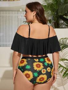SHEIN Swim Curve 加大尺寸純色露肩向日葵印花比基尼套裝,三角底兩件式泳衣,沙灘裝度假必備 - 彩色 - 查看 2