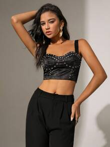 Zolique Top court sans manches de couleur unie avec rivets et strass - Noir - Voir 5
