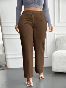 RueChic Plus High Waist Straight Leg Pants - Brown - View 4