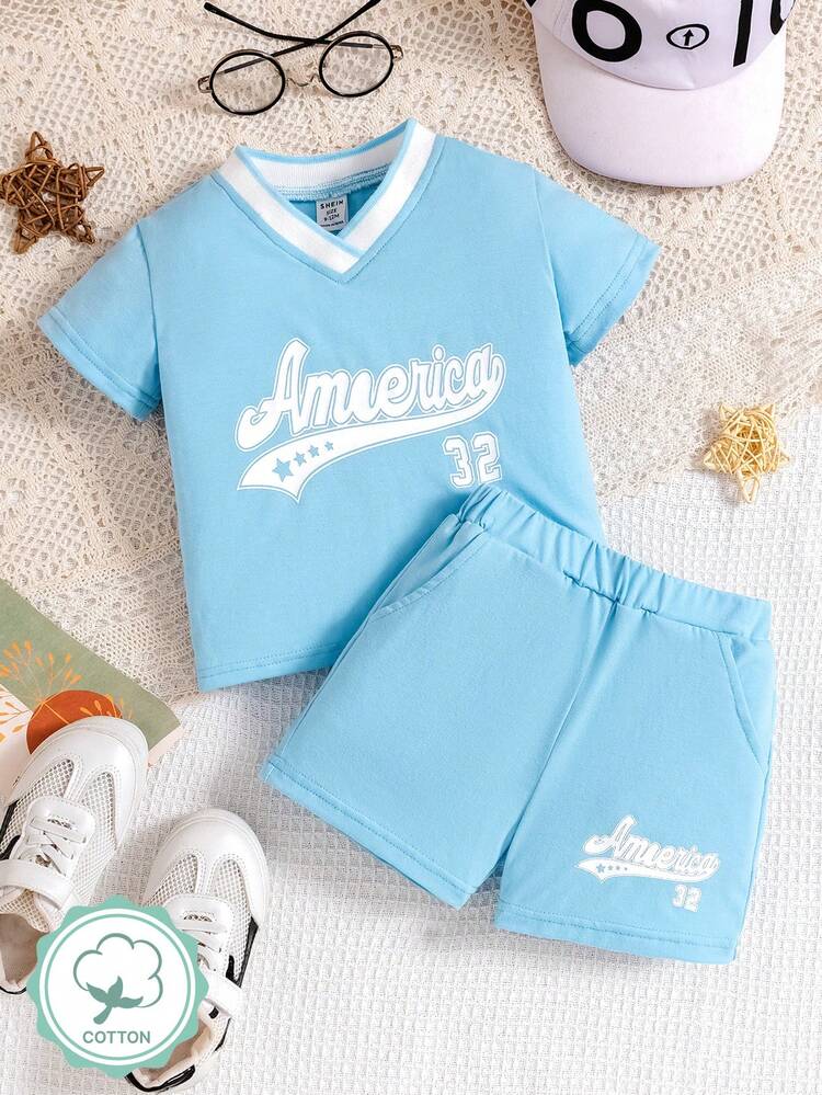 2pcs/Set Baby Boy Casual Sports Simple Daily Letter Printed V-Neck Top And Shorts, All-Match Outfit
