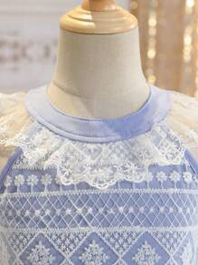 SHEIN Young Girls' Summer New Embroidered Mesh Halter Top And Skirt Simple Set