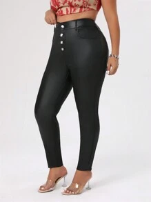 Allurite Plus Size Black Coated Skinny Button Fly Stretchy Pants With Ankle Length - Black - View 6