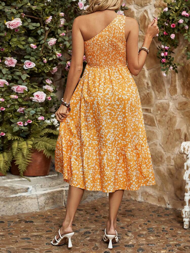Ditsy Floral Printed Asymmetrical Collar Dress Sundress