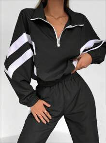 EURMUSE Striped Print Half Crop Sweatshirt & Sweatpants - Grey - View 5