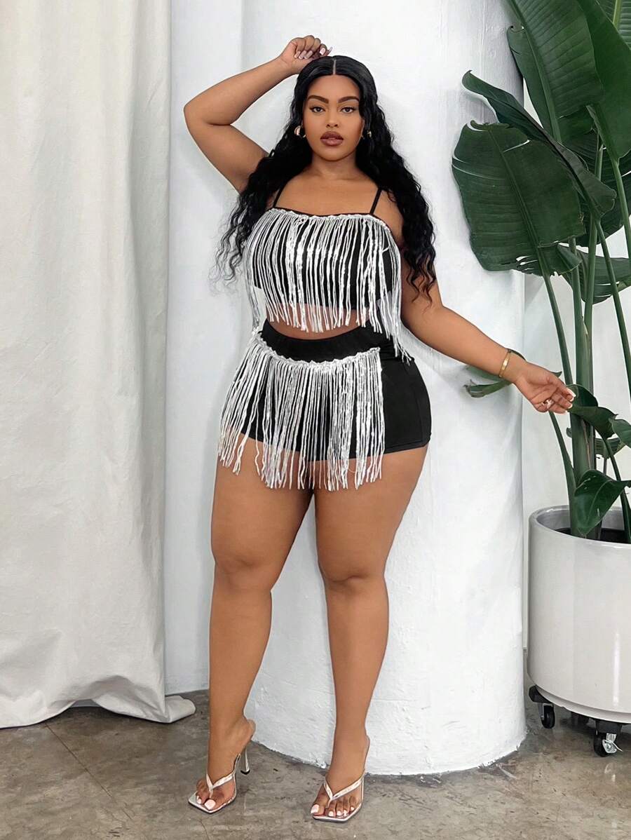 Maweii Plus Size Sleeveless Fringed Top And Shorts Set With Thin Straps - Pink - View 1