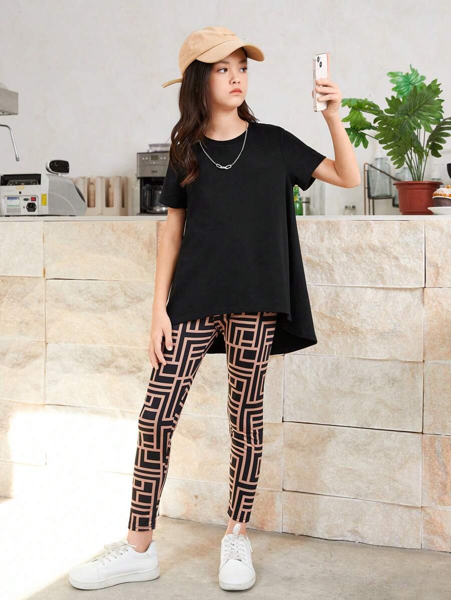 SHEIN Bộ áo thun cổ tròn và quần in hình cô gái Tween thường ngày - màu đen - Xem 1