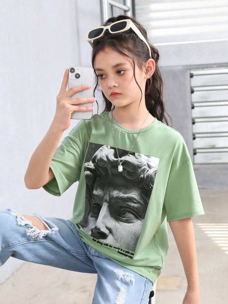 SHEIN Tween Girl Statue 印花寬鬆圓領短袖 T 卹 - 薄荷綠 - 查看 1