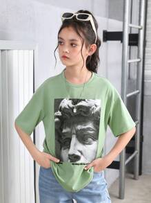 SHEIN Tween Girl Statue 印花寬鬆圓領短袖 T 卹 - 薄荷綠 - 查看 5