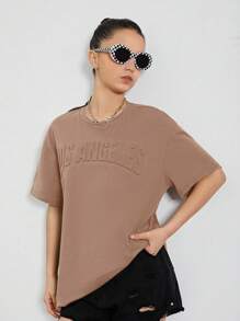 SHEIN 青少女鬆身3D花卉印花短袖休閒T恤，圓領款式 - 卡其色 - 查看 5