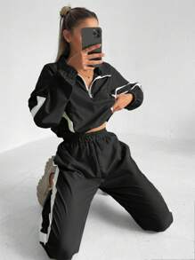 EURMUSE Striped Print Half Crop Sweatshirt & Sweatpants - Grey - View 4