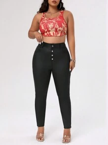 Allurite Plus Size Black Coated Skinny Button Fly Stretchy Pants With Ankle Length - Black - View 5