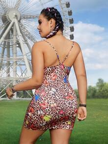 Flirla Plus Size Women's Leopard & Butterfly Printed Pleated Cami Dress - Multicolor - View 2